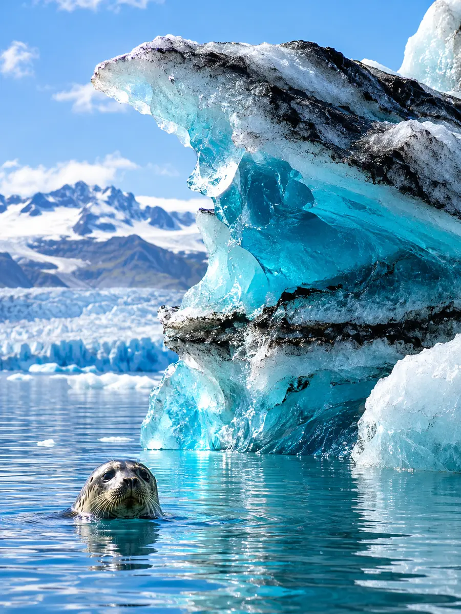 Ein blau gestreifter Eisberg in Jökulsárlón, daneben ragt der Kopf einer Robbe aus dem Wasser