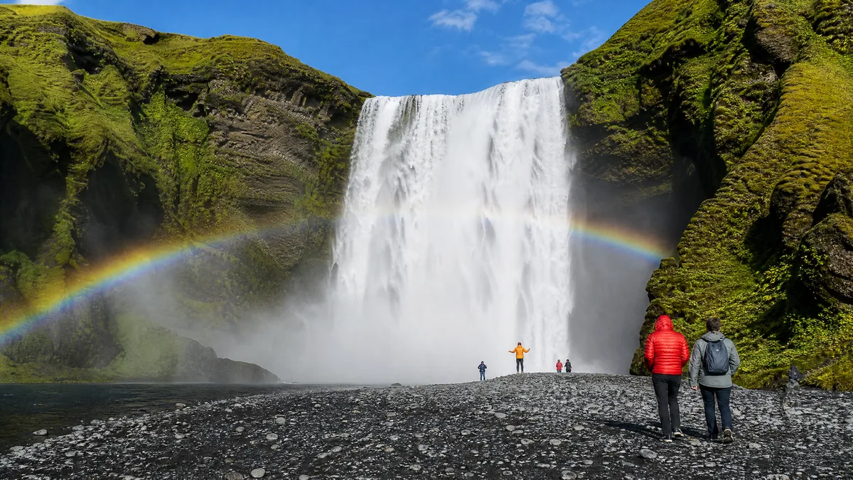 Der Wasserfall Skógafoss mit einem Regenbogen in der Gischt und zwei Spaziergängern in roten und grauen Jacken auf dem Kies davor
